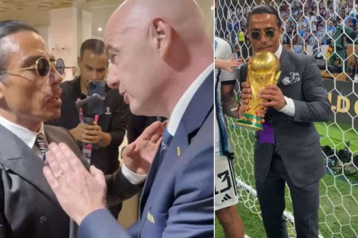 Salt Bae pictured (right) holding the World Cup trophy and (left) in conversation with FIFA president Gianni Infantino